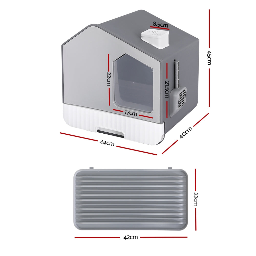 i.Pet - Cat Litter Box Large Tray Kitty Toilet Enclosed Cat Litter Box Hooded Scoop Mat Grey