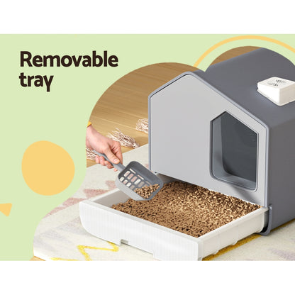 i.Pet - Cat Litter Box Large Tray Kitty Toilet Enclosed Cat Litter Box Hooded Scoop Mat Grey