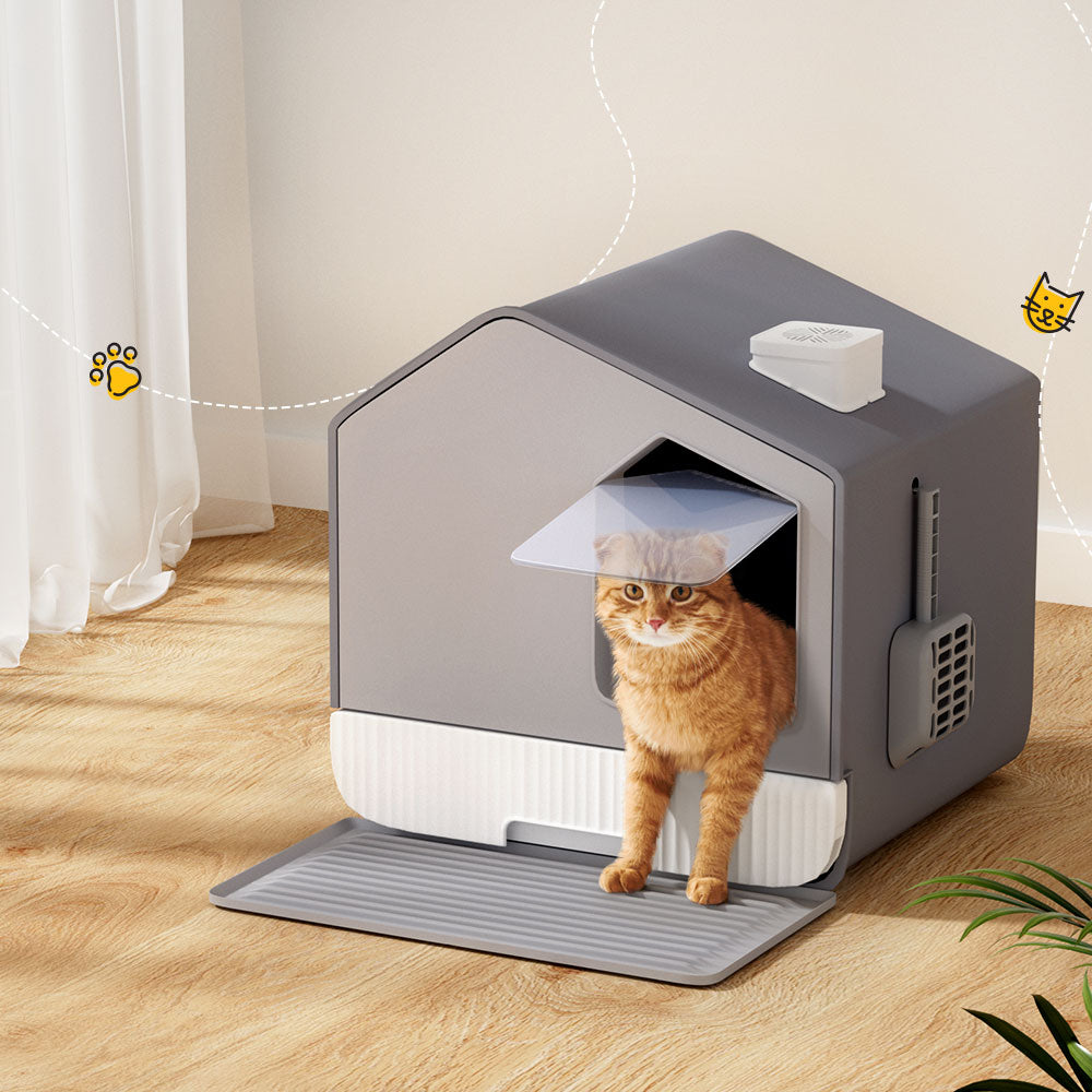 i.Pet - Cat Litter Box Large Tray Kitty Toilet Enclosed Cat Litter Box Hooded Scoop Mat Grey